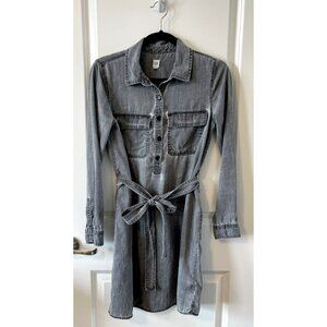 Gap Light Gray Mineral Wash Chambray Denim Dress XS Tie Pockets Western Cowgirl